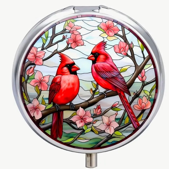 2 Cardinal Stained Glass Style Pill Box. 2" X .7” Three Compartments. NWOT - Picture 2 of 8